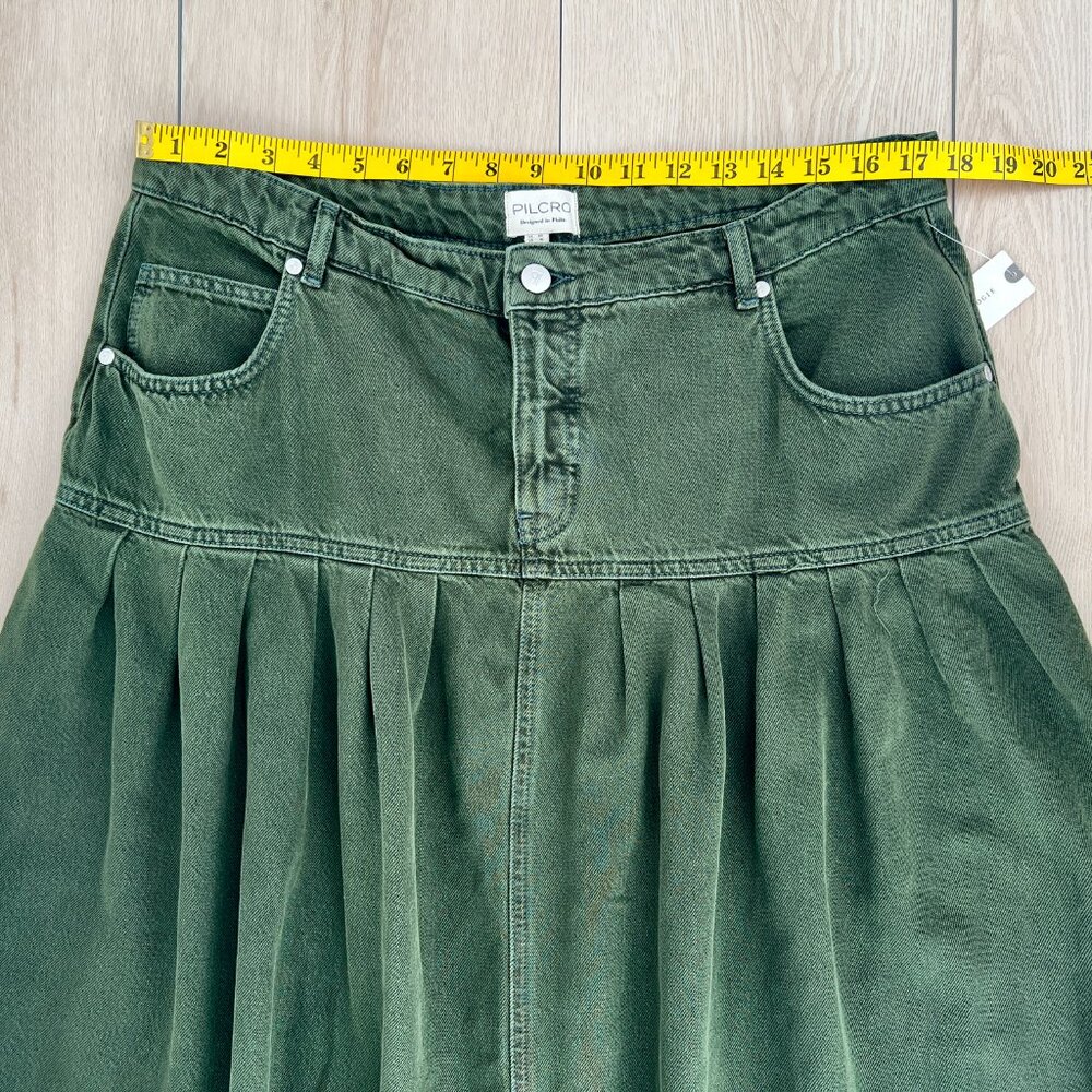 NWT Anthropologie Pilcro Pleated Basque-Waist Olive Green Denim Midi Skirt Sz 16 - Picture 11 of 14